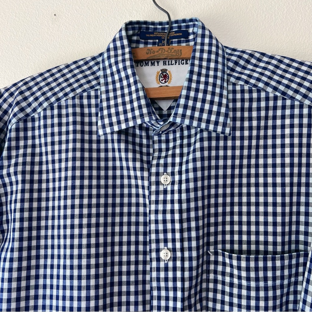 Tommy Hilfiger white blue check button up cuff link‎ dress shirt size 16 32/33